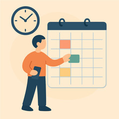 Flat design illustration of a person organizing schedule using a calendar and sticky notes, perfect for project management or time management concepts. Clean and modern aesthetic.