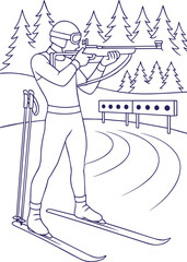 Biathlon athlete aiming rifle in snowy forest line art style