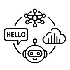  Black and white line art illustration of minimalist AI icons in circular layout with chatbot centerpiece
