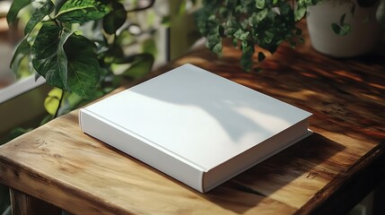 Fototapeta premium Closed white book resting on a rustic wooden table with green plants in the sunlight.