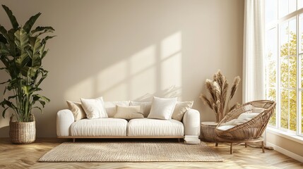 Cozy living room with white sofa, rattan chair, indoor plants, and warm natural light, perfect for home decor mockups, lifestyle branding, or design presentations
