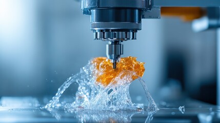 An impressive close-up of a precision machine in action, cutting through a material while water splashes dynamically, embodying the essence of advanced technology in manufacturing.