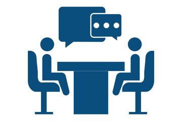 Business meeting conference room table discussion teamwork. People meeting at table with speech bubbles icon. People conversation concept.