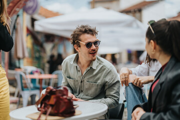 A cheerful and lively setting with friends socializing at an outdoor cafe in a vibrant urban...