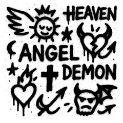 Angel and Demon Graffiti Icons with Blood Splatter Spray Paint Style – Transparent PNG