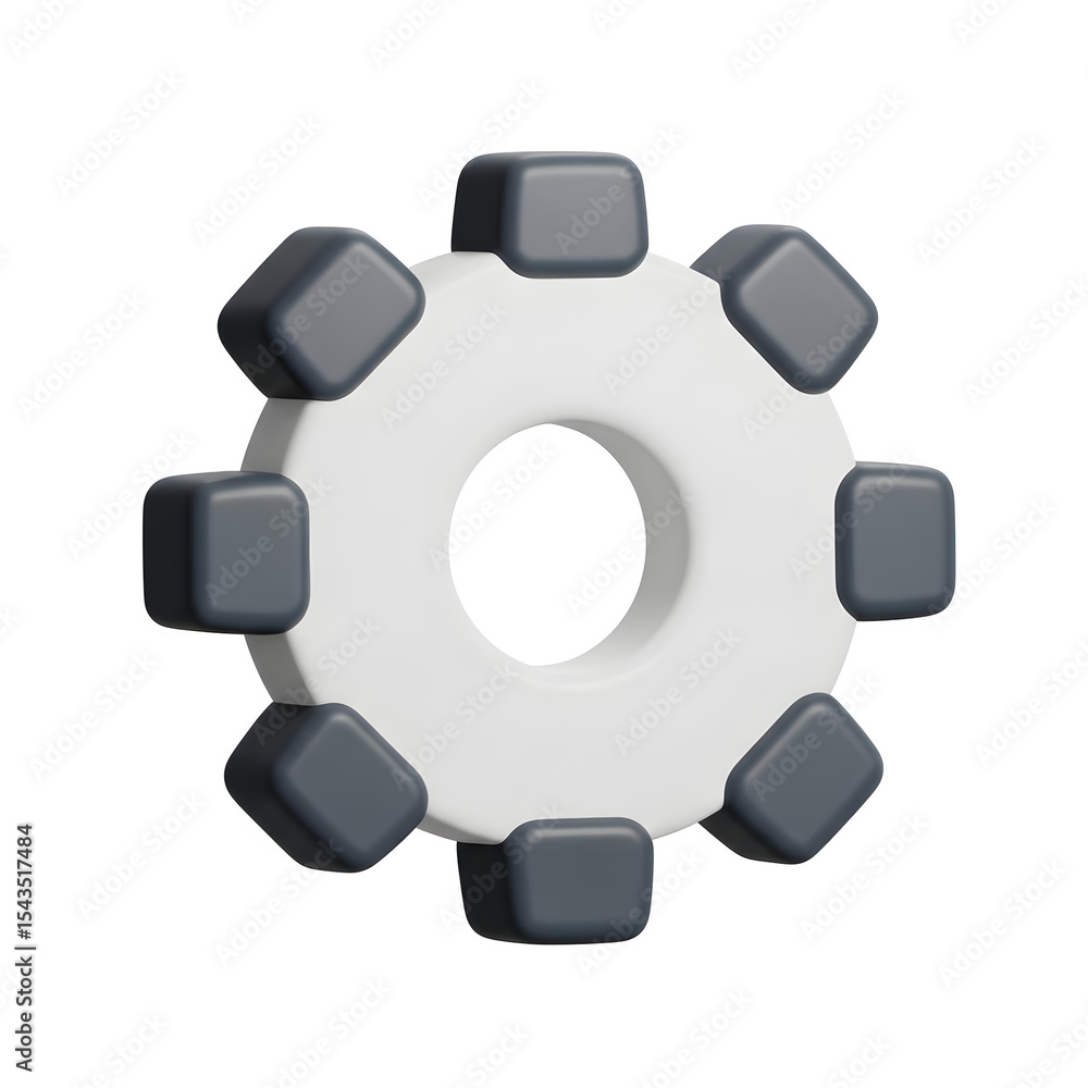 Poster isolated 3d rendered gear icon. white central wheel featuring gray square teeth around it. clean des