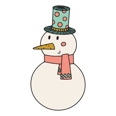 Cute snowman in cylinder hat with carrot nose and red scarf. Vector illustration on separate isolated background. Happy fiction character. Winter snow entertainments and activities