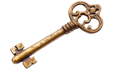 An old antique key isolated on transparent background.