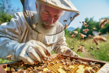 Beekeeper collecting honey from beehive in a field
