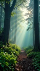 Fototapeta premium Serene mist hangs heavy in a lush, ancient forest, the air thick with the scent of damp earth and pine, each breath a communion with nature's tranquility , cedar, fauna
