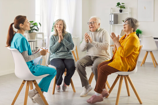 Senior people and doctor circle session, nurse talk therapy, psychotherapy, care assistant in retirement home, old age nursing, older adults in supportive community, medical skilled geriatrician care