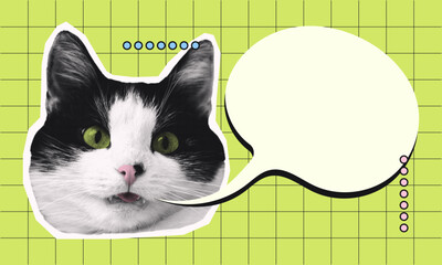 Pop Art halftone Cat with Speech Bubble on Green Grid Background