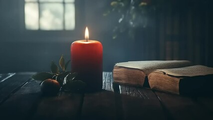 A Tranquil Composition: Candlelight, Antique Books, and Wooden Table Still Life - Powered by Adobe