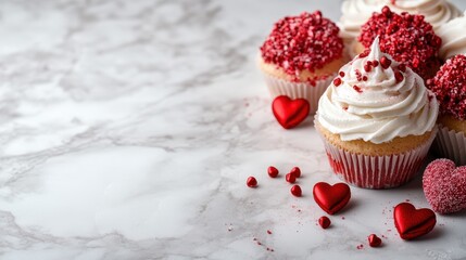 A delightful assortment of beautifully decorated cupcakes, topped with vibrant red sprinkles and heart shapes, perfect for celebrating love and special occasions.