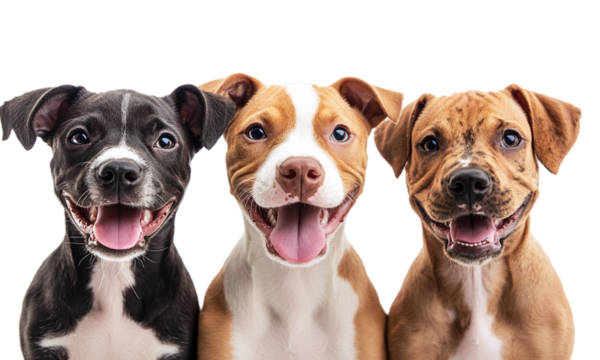 Group of three happy dogs, adorable group of puppies close up face, isolated on transparent background.