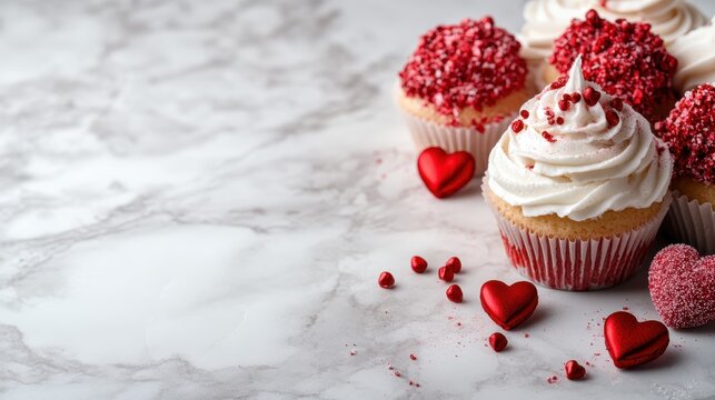 A delightful assortment of beautifully decorated cupcakes, topped with vibrant red sprinkles and heart shapes, perfect for celebrating love and special occasions.