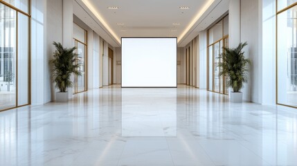 Obraz premium A spacious modern hallway, equipped with large windows allowing bright light to stream in, reflects minimalist design ideals and a sense of openness and possibility.
