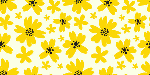 Obraz premium Cute Abstract Yellow Flower Groovy Style Seamless Pattern. Vector Illustration.