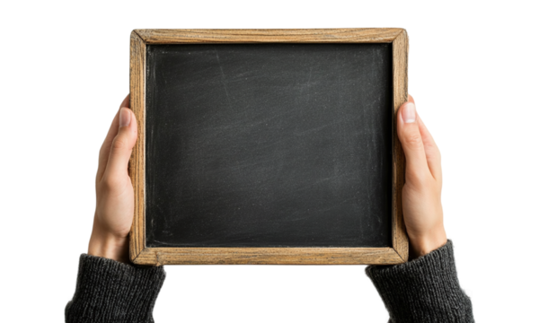 Male hands holding an empty blank chalkboard or blackboard, isolated on transparent background.
