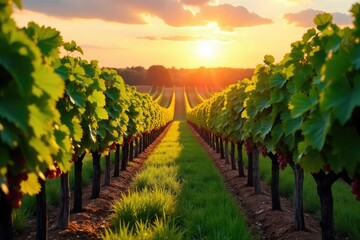 Fototapeta premium Sun-drenched rows of grapevines stretching to the horizon, lush green leaves and ripening fruit promising a bountiful harvest A picturesque vineyard scene at golden hour , winegrowing, rolling hills