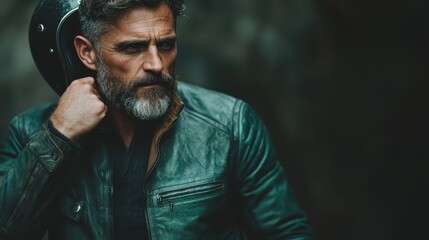 Fototapeta premium A rugged and handsome man sporting a leather jacket, exuding confidence and style, perfect for capturing the spirit of adventure and individuality in fashion photography.