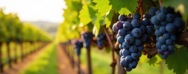 Fototapeta premium Sun-drenched rows of ripe wine grapes hanging heavy on the vine in a picturesque vineyard, ready for harvest Lush green foliage frames the perfect clusters , grapevine, agriculture, landscape