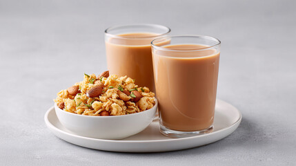 Indian Chai: An appetizing image of a glass of delicious tea paired with an assortment of tempting snacks, elegantly set against a soft backdrop.