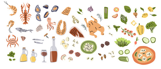 Mediterranean cuisine ingredients and seafood for culinary inspiration. Hand drawn Mediterranean food ingredients collection, flat illustration. Set of italian food, healthy diet products isolated. 