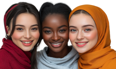Portrait of three women with different nationalities smiling together, isolated on transparent background.