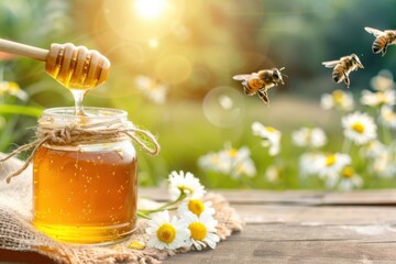 Honey dripping from honey dipper into jar with bees flying in flower field