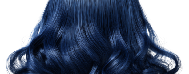 Isolated on white, Indigo blue hair with slight curls and glossy volume, indigo blue hair isolated on white with soft bold texture, indigo blue hair only with perfect curl and shine balance. PNG die-c