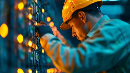 Technician working on industrial server rack