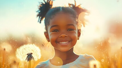 Happy Girl in Dandelion Field.