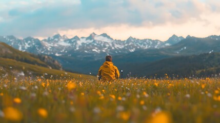 Man in yellow jacket contemplates mountain view