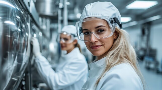 Two female scientists in white lab coats and safety gear actively engaging with high-tech equipment in a modern laboratory, showcasing professionalism and innovation in science. - Powered by Adobe