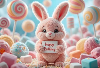 Birthday Bunny in Dreamy Candyland Scene – Holding Frosted Lettering Note