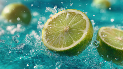 Fresh lime slice splashing into clear blue water with droplets