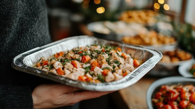 A mouthwatering dish of chicken and fresh vegetables is beautifully displayed, showcasing appetizing colors and textures that stimulate the appetite and evoke culinary delight.