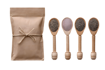 Black and white pepper on wooden spoon on transparent background