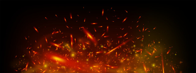 Burning embers and glowing sparks fly in dark smoky background. Fiery texture with red flames and ash creates intense heat and industrial power mood. Realistic vector illustration for fire themes. © Azat Valeev