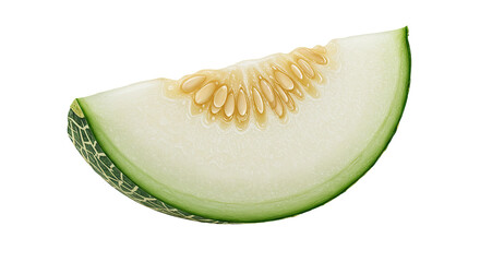 A delicious, fresh slice of honeydew melon with seeds against a black background