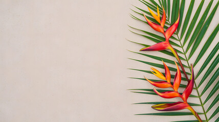Tropical heliconia flowers with palm leaves on soft sandy background in summer flat lay composition