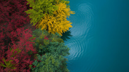 Vibrant autumn forest meeting calm blue lake in top-down view with colorful seasonal foliage