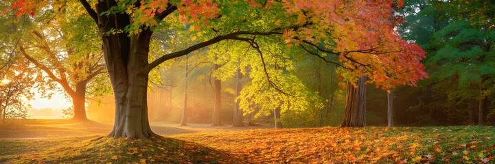 Tranquil autumn forest with colorful maple leaves and warm golden sunlight at sunrise. Banner, header