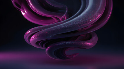Futuristic swirl of glossy magenta and violet ribbons with sparkling texture on dark background