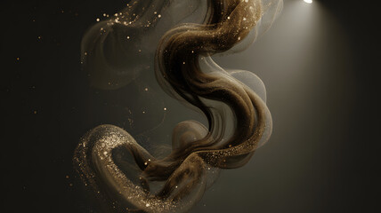 Elegant swirl of golden particles and smoky waves illuminated in dark abstract space