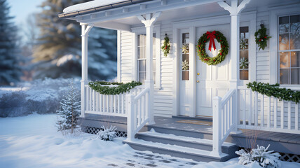 Traditional front porch decorated with holiday wreaths and garlands on a snowy winter morning