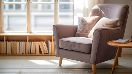 Cozy reading nook with soft armchair and books by sunlit window in minimalist interior