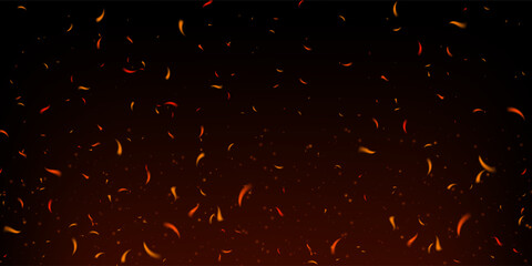 Glowing fire sparks and flying embers on dark smoky background. Fiery particles and red flame texture evoke heat, danger and explosion. Perfect for bonfire, grill or power themes. Realistic vector art
