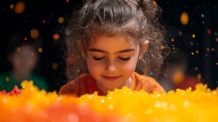Girl playing in colorful sensory bin